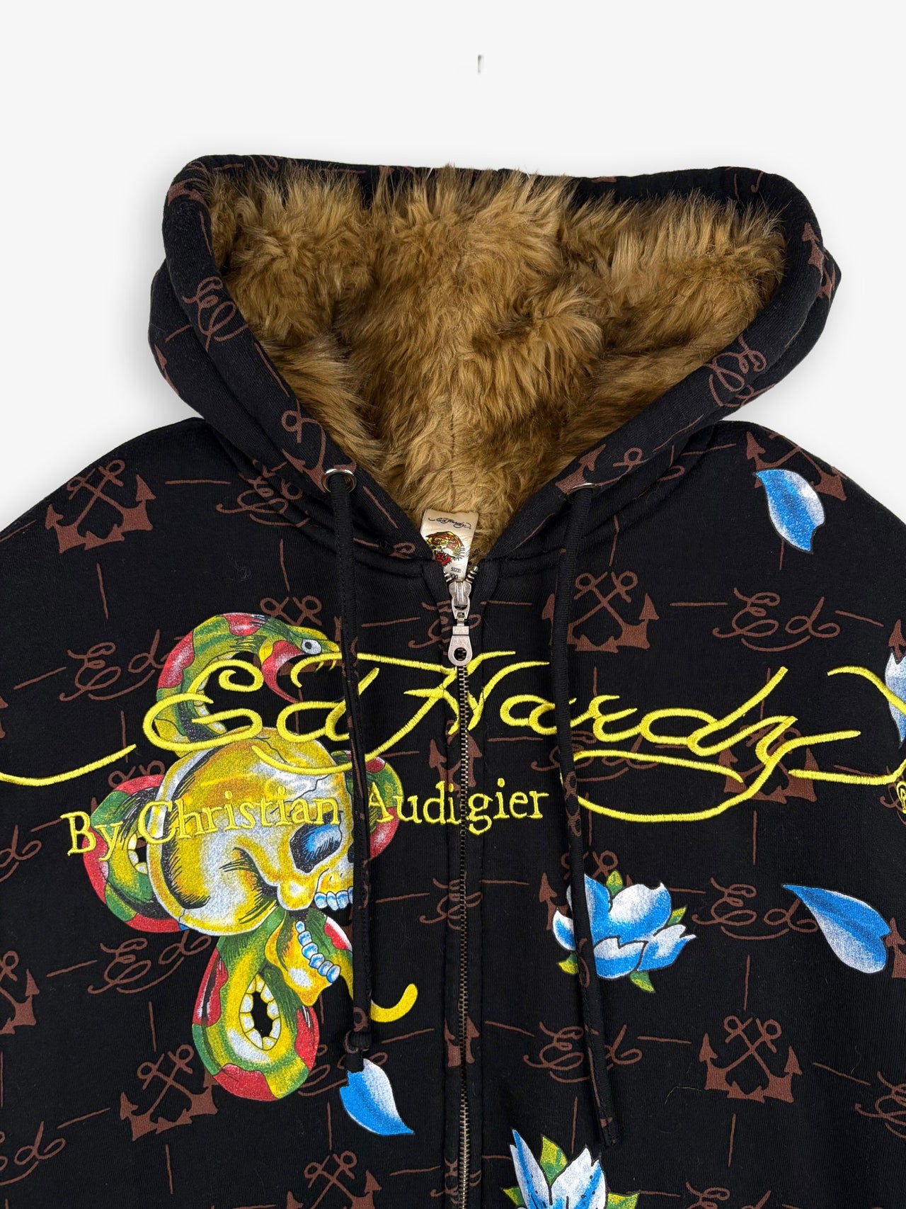 2000s Ed Hardy Faux Fur Zip-Up Hoodie