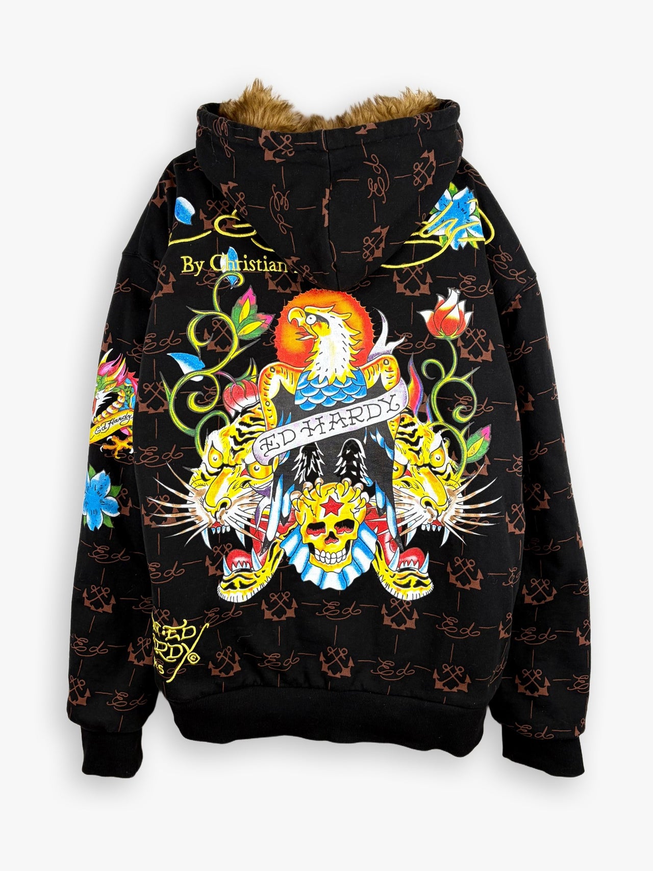 2000s Ed Hardy Faux Fur Zip-Up Hoodie